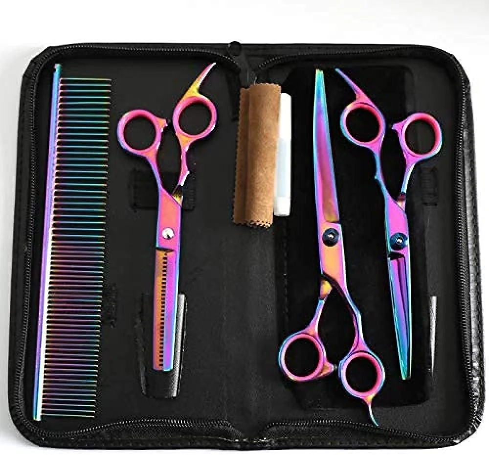 قیچی آرایشگری مو، ست آرایشگری حیوانات خانگی، رنگی، ابزار آرایشگری سگ، ابزار آرایشگری زیبایی، ست چهار تکه خمیده، طول 19.5 سانتی متر، قیچی آرایشگری