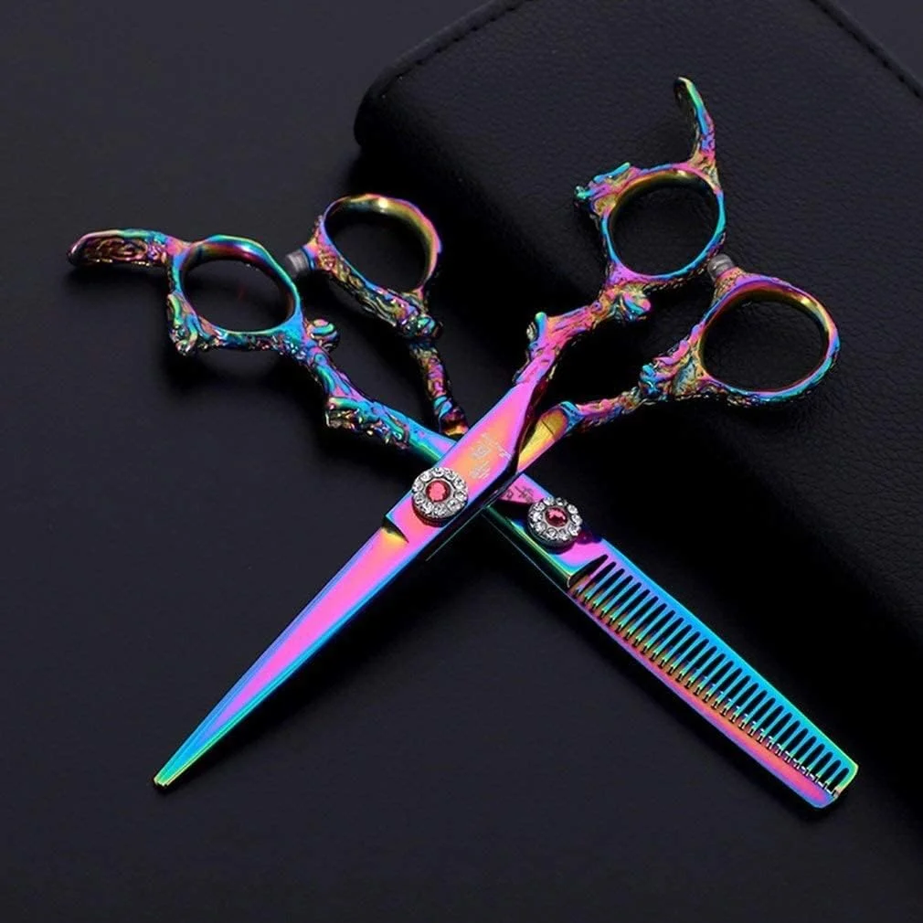 قیچی آرایشگری مو، 1 عدد ابزار آرایشگری استیل ضد زنگ 6 اینچی، قیچی موی صاف و دندانه دار، قیچی اصلاح (نوع دندانه بنفش)، قیچی آرایشگری