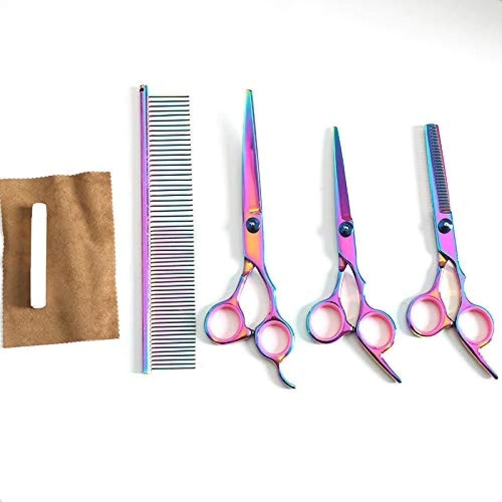 قیچی آرایشگری مو، ست آرایشگری حیوانات خانگی، رنگی، ابزار آرایشگری سگ، ابزار آرایشگری زیبایی، ست چهار تکه خمیده، طول 19.5 سانتی متر، قیچی آرایشگری