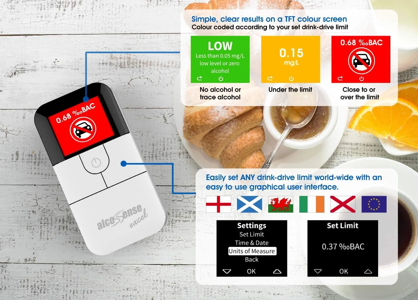 دستگاه الکل سنج تنفسی AlcoSense Excel | سنسور الکل سلول سوختی مشتق شده از پلیس | برنده تست الکل سنج مجله Auto Express “Best Buy” و Evo | تستر الکل دارای تاییدیه CE | طراحی دقیق در انگلستان