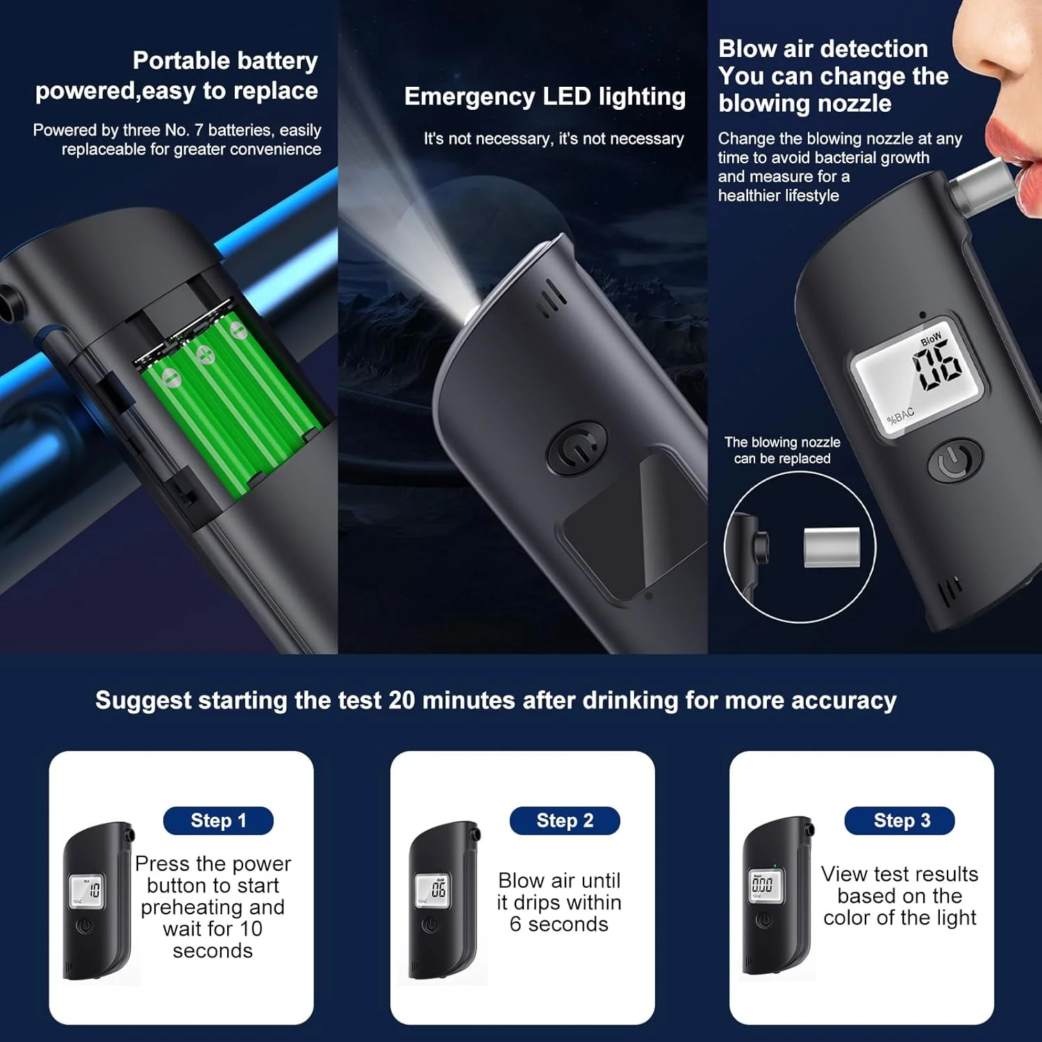 دستگاه تست الکل Mokeum، دستگاه تست الکل با صفحه نمایش LCD، دستگاه تجزیه و تحلیل تنفس قابل حمل با نور LED، ردیاب الکل با دقت بالا