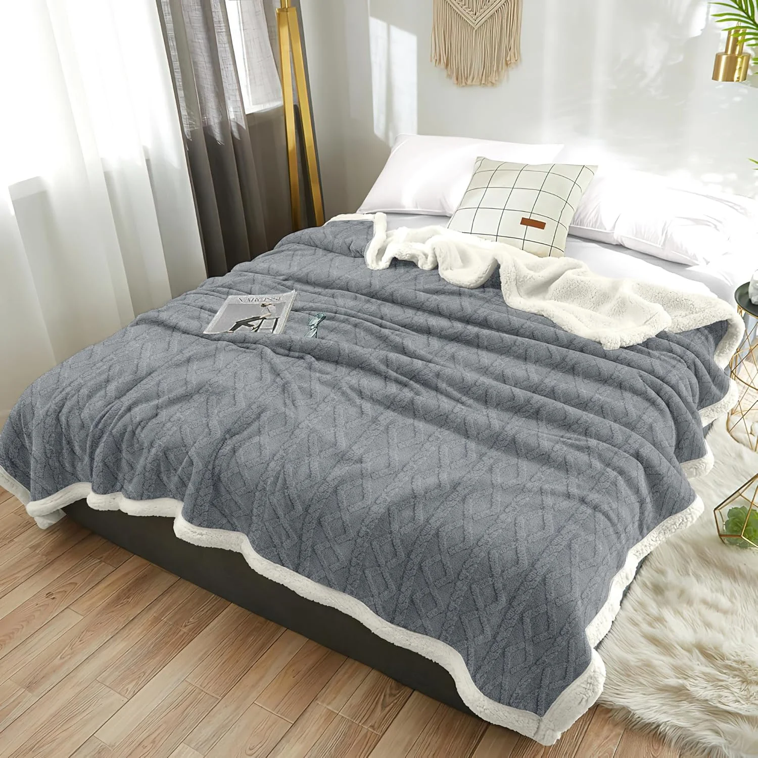 پتو شرپای ژاکارد فابین تک نفره، پتو تخت خواب نرم و لطیف، پتو فلانل پشمی دو رو - پتوی گرم و نرم برای تخت، مبل، مسافرت و کاناپه (خاکستری)