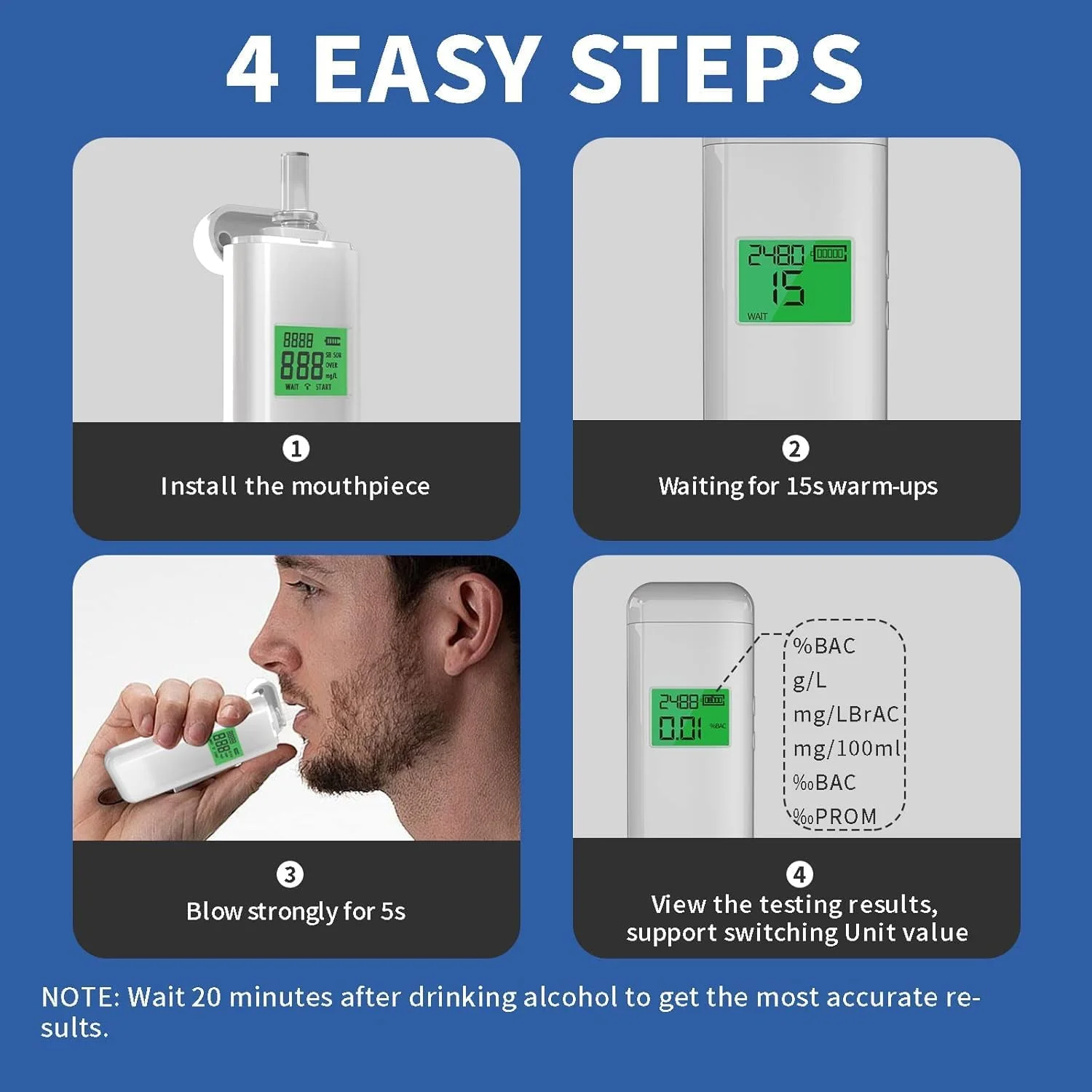 دستگاه تنفسی FC22 برای تشخیص الکل، تستر الکل حرفه ای با دقت بالا با صفحه نمایش دیجیتال HD LCD، حافظه و عملکرد هشدار برای استفاده در مهمانی های خانگی