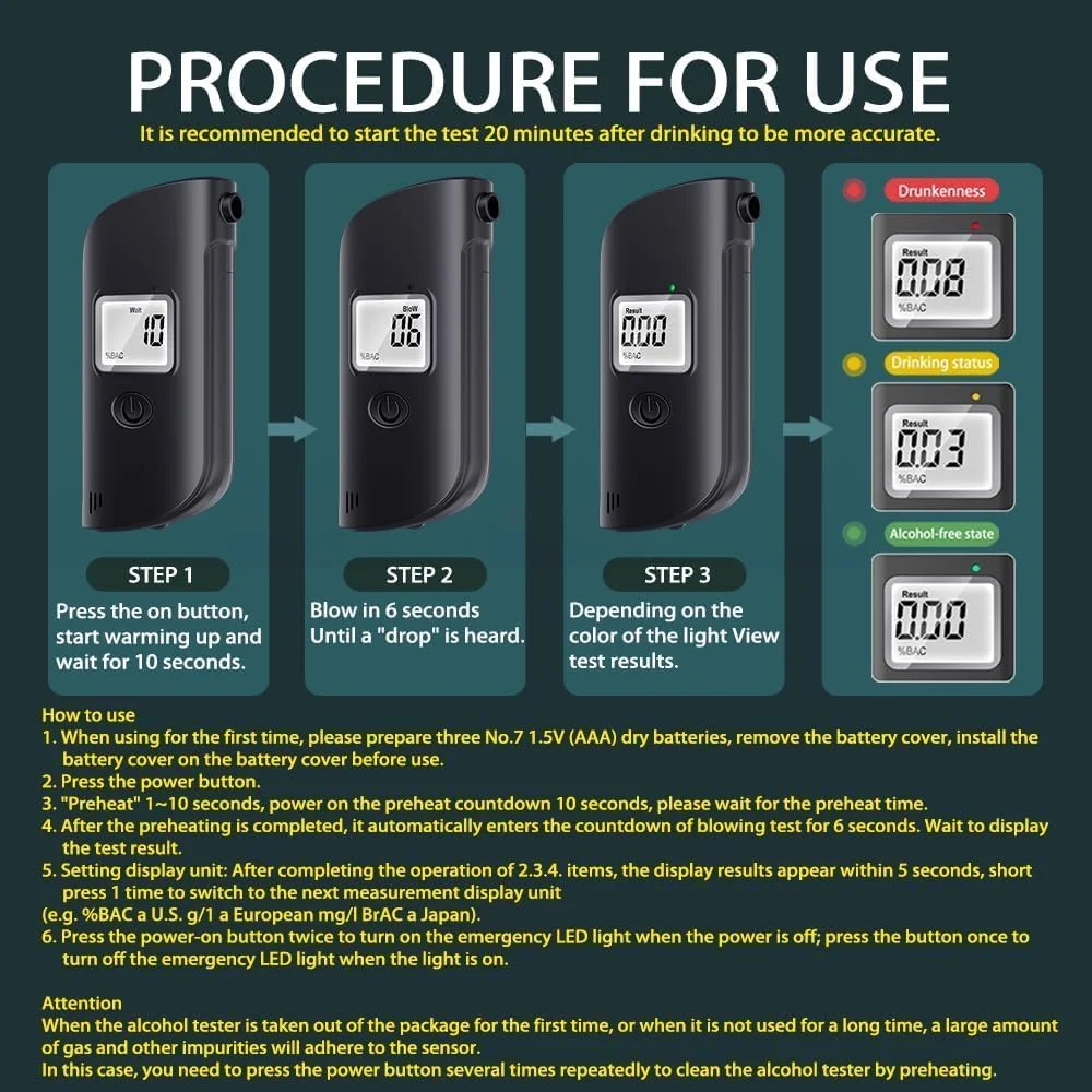 دستگاه تست الکل Mokeum، دستگاه تست الکل با صفحه نمایش LCD، دستگاه تجزیه و تحلیل تنفس قابل حمل با نور LED، ردیاب الکل با دقت بالا