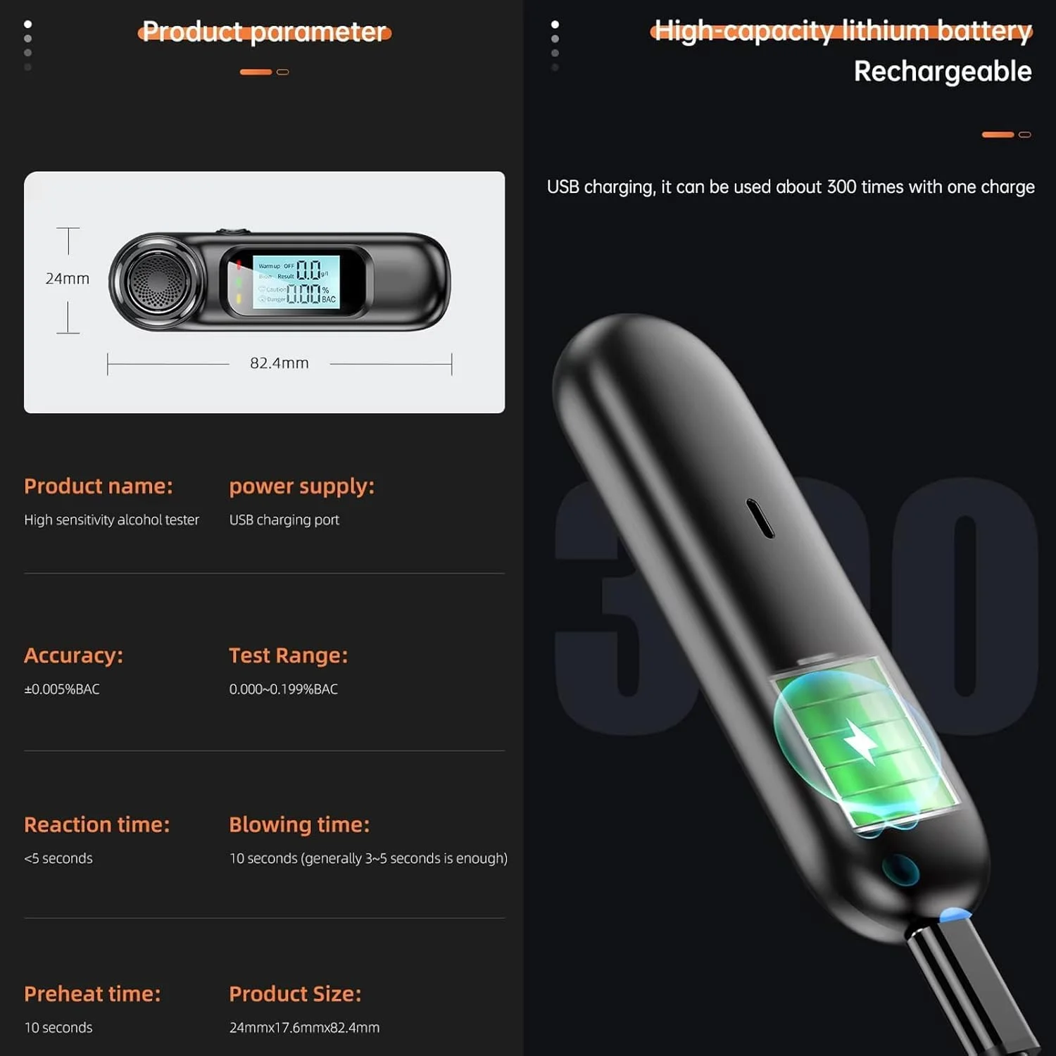 تست الکل قابل حمل LBOYLOVE®، تنفس سنج غیر تماسی، آشکارساز الکل تنفسی با دقت بالا، قابل شارژ USB با صفحه نمایش LCD دیجیتال، برای رانندگی ایمن پس از نوشیدن (مشکی)