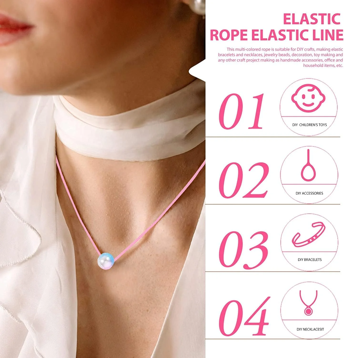 خيط مرن، خيط خرزي، خيط مرن للأساور، 1 لفة من حبل البنجي المرن، حبل بنجي مرن متعدد الاستخدامات، حبل مضفر ماسي من مادة البولي بروبيلين، 2 مم، وردي