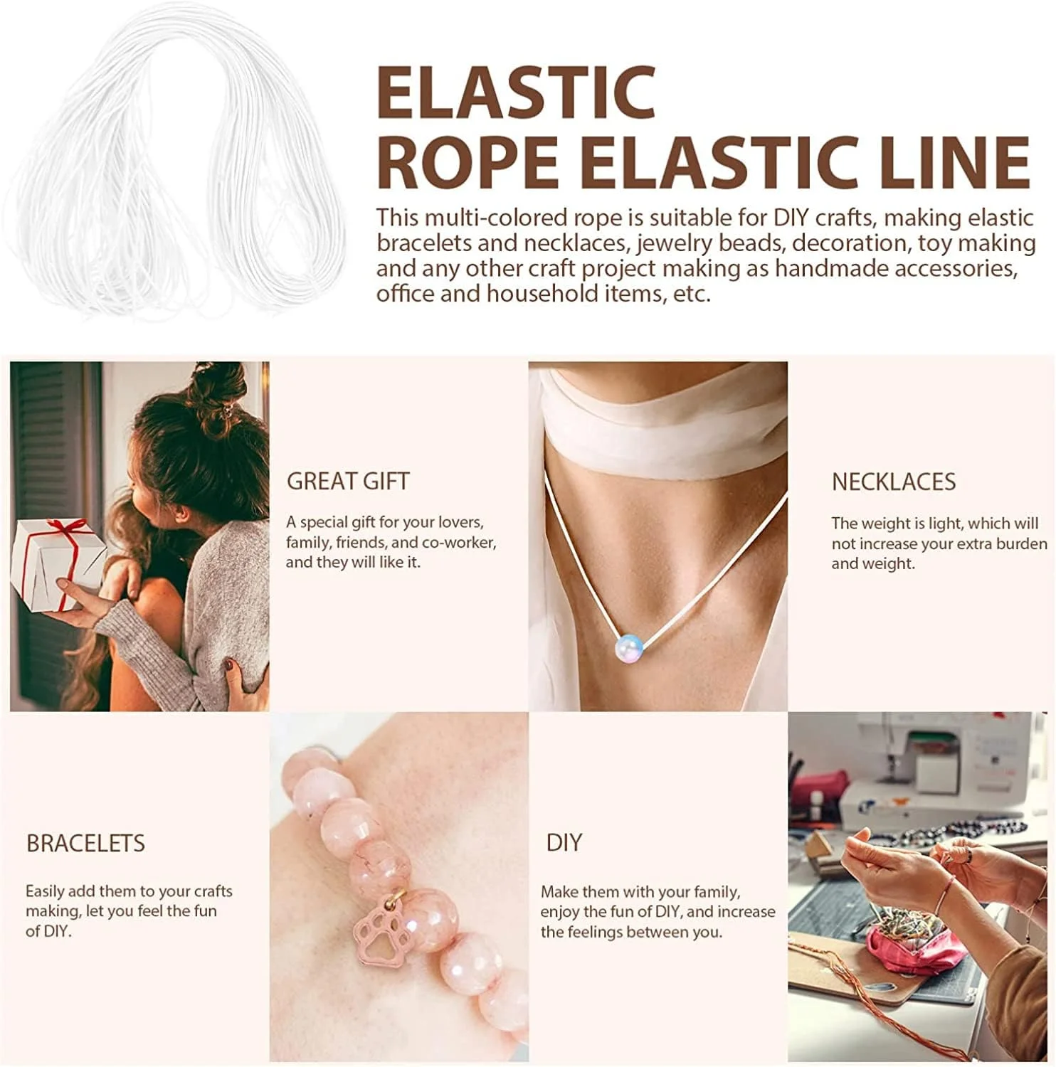خيط مرن، خيط خرزي، خيط مرن للأساور، بكرة واحدة من حبل البنجي المرن، حبل بنجي مرن متعدد الاستخدامات، حبل مضفر ماسي من مادة البولي بروبيلين، 2 مم، أبيض