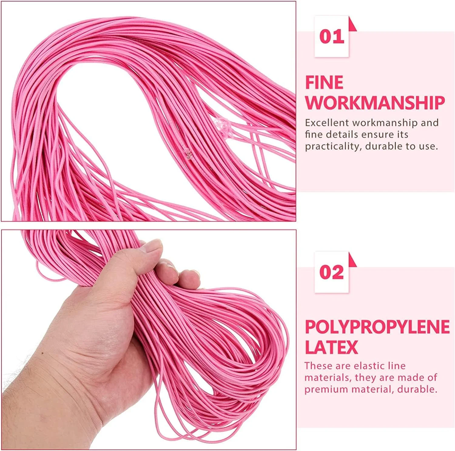 خيط مرن، خيط خرزي، خيط مرن للأساور، 1 لفة من حبل البنجي المرن، حبل بنجي مرن متعدد الاستخدامات، حبل مضفر ماسي من مادة البولي بروبيلين، 2 مم، وردي