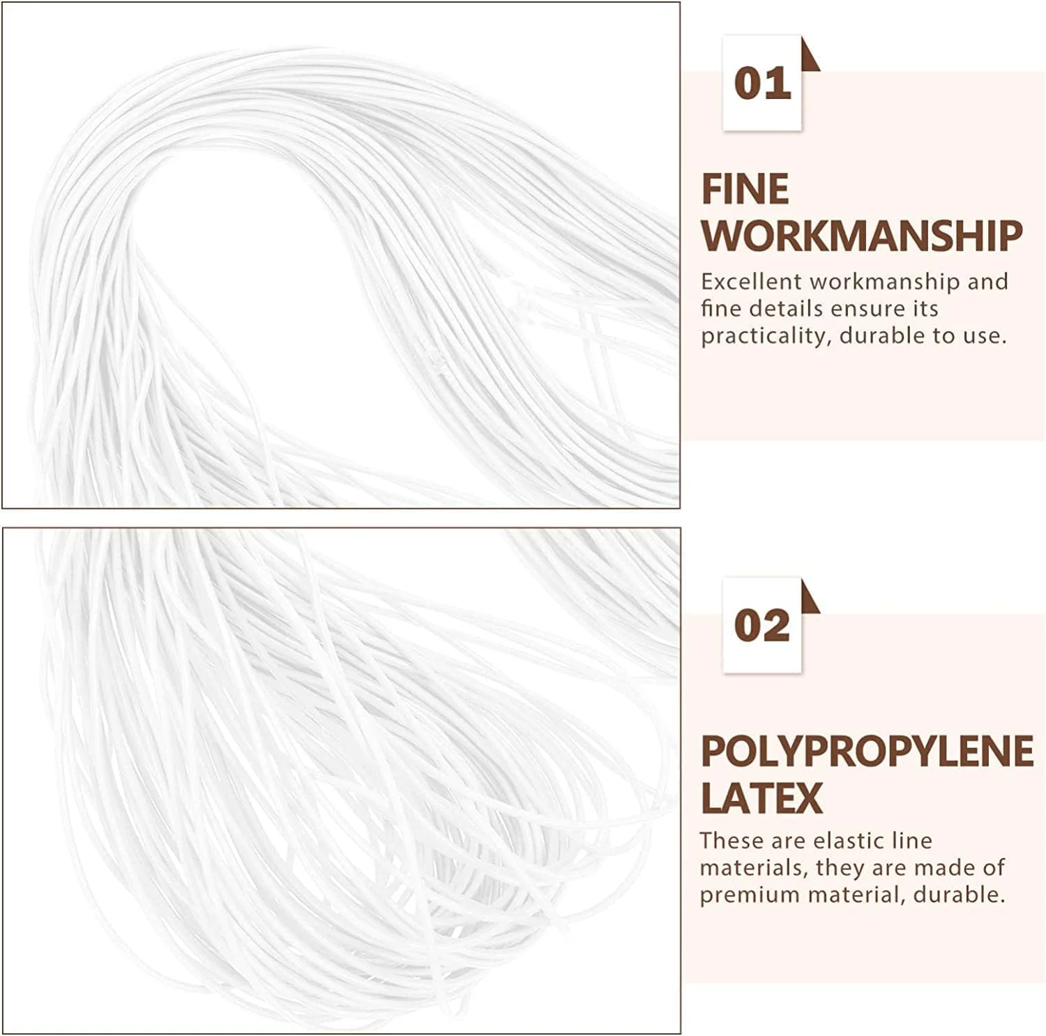 خيط مرن، خيط خرزي، خيط مرن للأساور، بكرة واحدة من حبل البنجي المرن، حبل بنجي مرن متعدد الاستخدامات، حبل مضفر ماسي من مادة البولي بروبيلين، 2 مم، أبيض