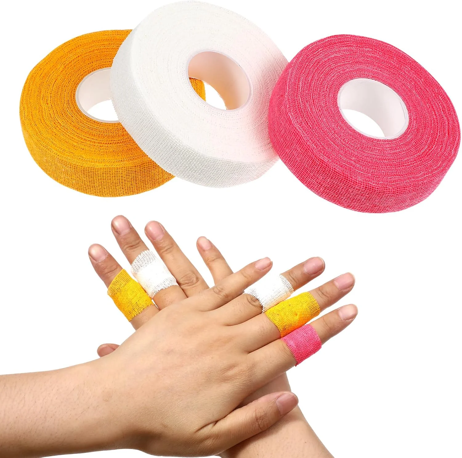 3 رول نوار انگشتی برای خیاطی دستی، نوار پنبه ای خود چسب 1.9 سانتی متری در 14 متری برای محافظت از انگشت در خیاطی دستی، ابزار خیاطی DIY برای لحاف دوزی، قلاب بافی، گلدوزی (صورتی، سفید، زرد)