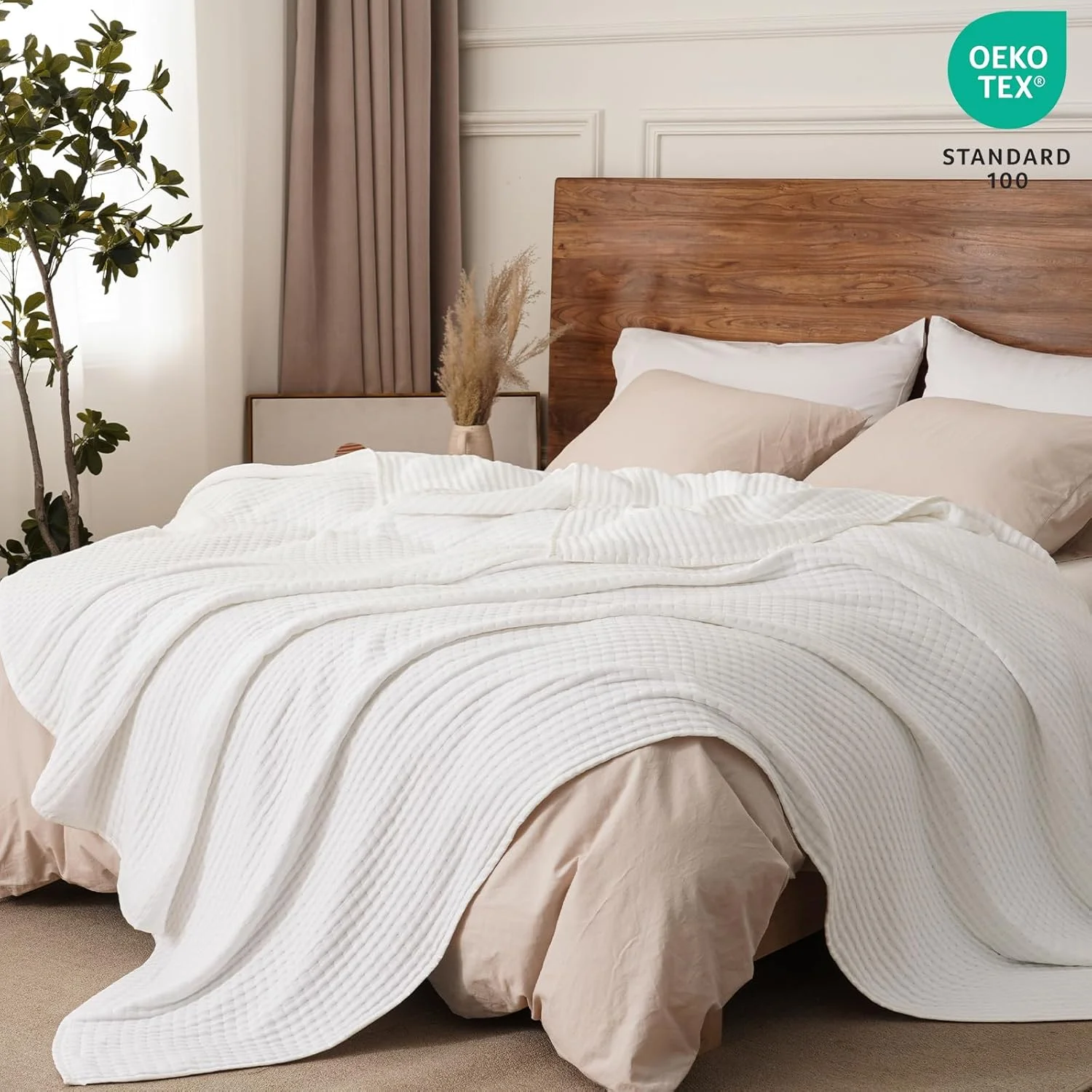 PHF Muslin Blanket Queen Size-Ultra Soft 50% Lyocell & 50% Cotton Blanket, Lightweight Breathable and Moisture Absorption Bedding, Cozy Woven Decor for All Season, 90"x90", White