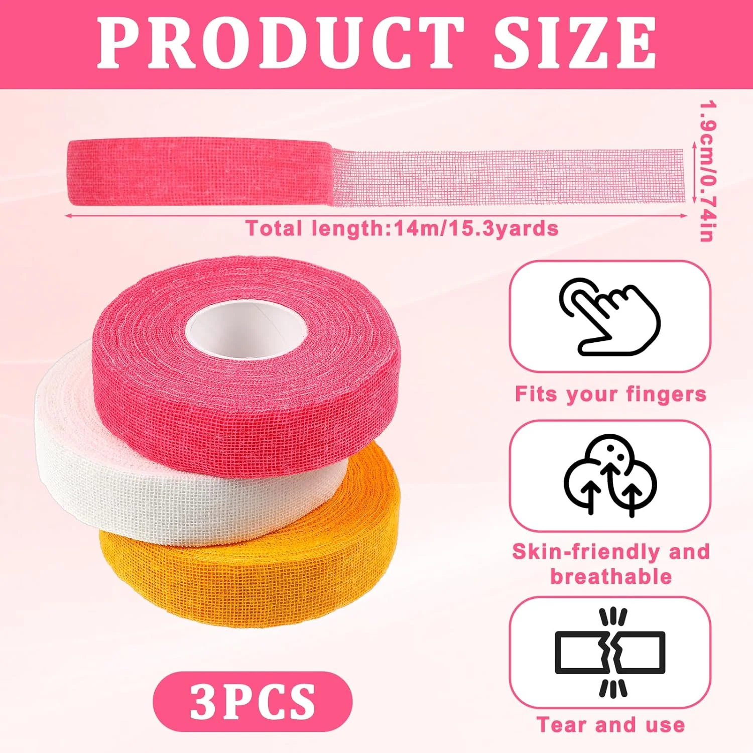 3 رول نوار انگشتی برای خیاطی دستی، نوار پنبه ای خود چسب 1.9 سانتی متری در 14 متری برای محافظت از انگشت در خیاطی دستی، ابزار خیاطی DIY برای لحاف دوزی، قلاب بافی، گلدوزی (صورتی، سفید، زرد)