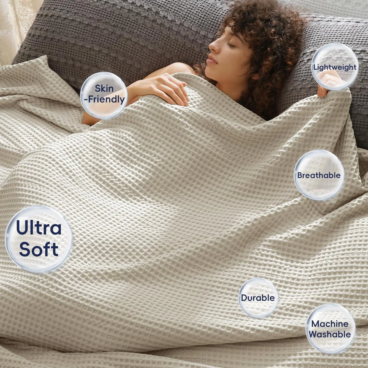 پتوی وافل بافت شسته شده PHF سایز کینگ 274x229 سانتی متر - پتوی نرم، سبک وزن، تنفس پذیر و دنج بافته شده برای تمام فصول - مناسب برای مبل، تخت، کاناپه، خانه، ماشین - خاکی روشن/کتانی