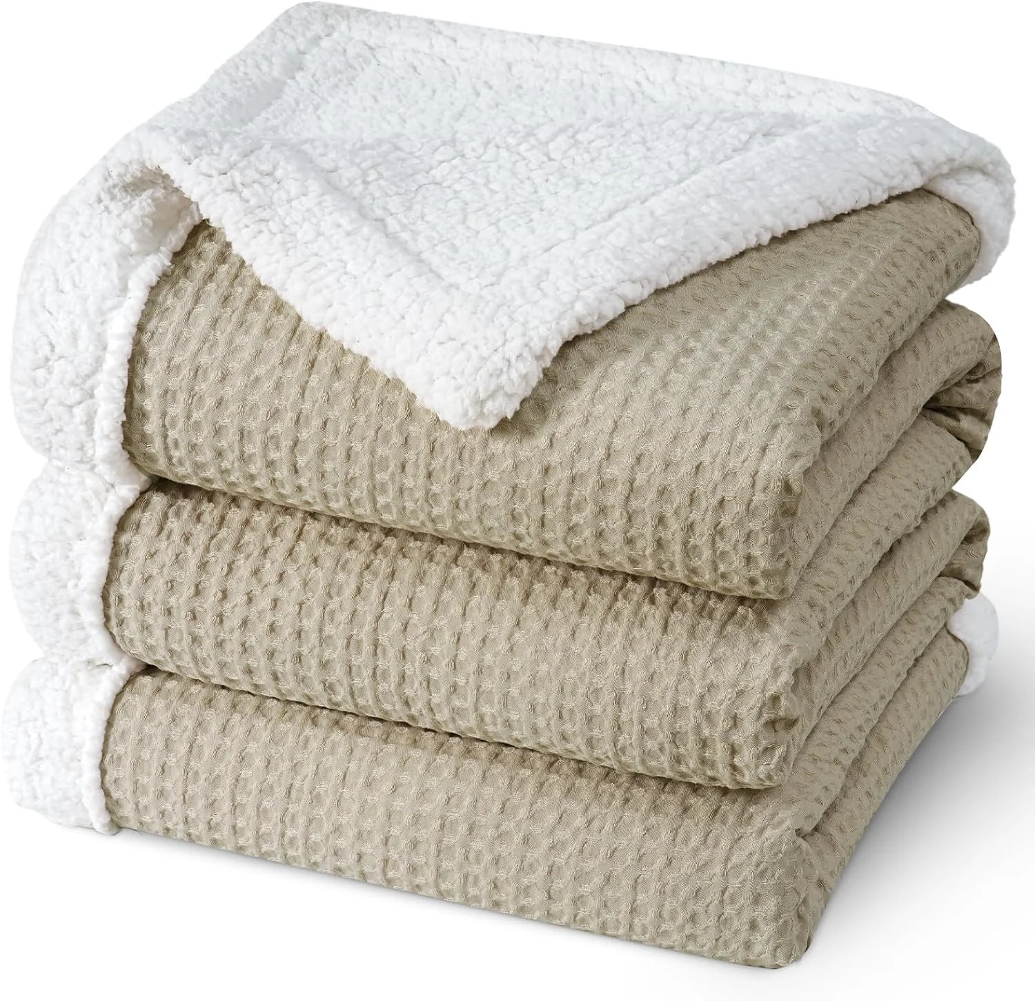 پتوی شرپای وافل PHF سایز کوئین، 90x90 اینچ، پتوی پشمی فلانل مخملی لوکس برای زمستان، بدون ریزش و گوله شدن، نرم و راحت و برگشت پذیر، روتختی بافت وافل برای دکوراسیون منزل، خاکی