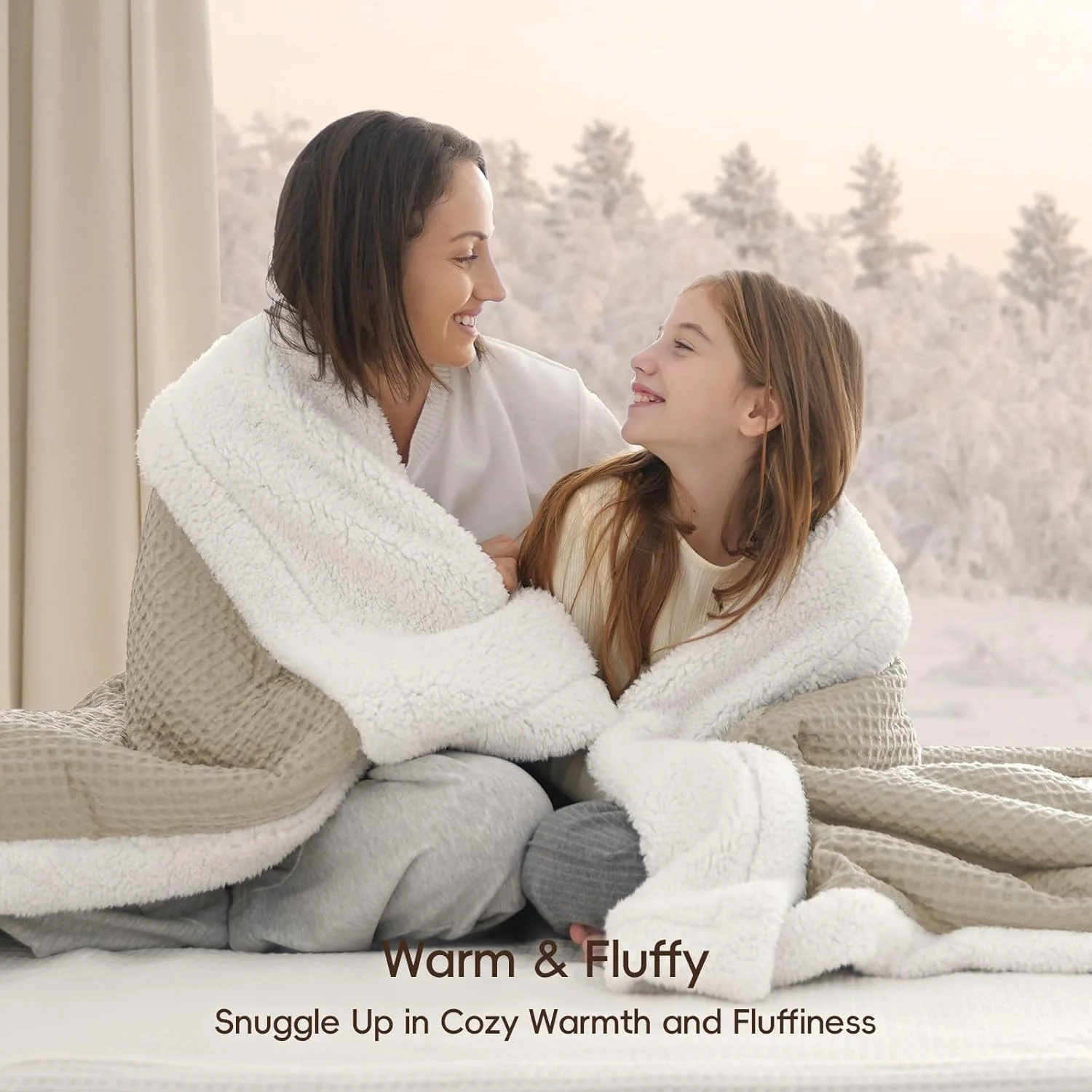 پتوی شرپای وافل PHF سایز کوئین، 90x90 اینچ، پتوی پشمی فلانل مخملی لوکس برای زمستان، بدون ریزش و گوله شدن، نرم و راحت و برگشت پذیر، روتختی بافت وافل برای دکوراسیون منزل، خاکی