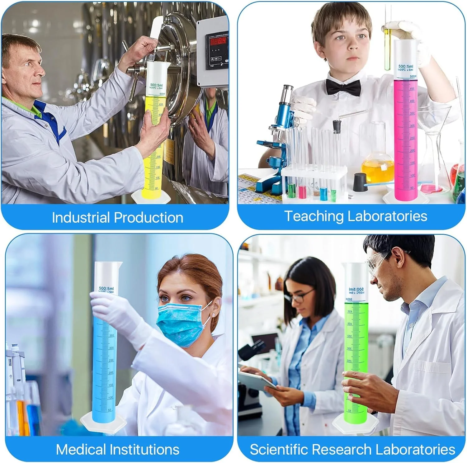 استوانه مدرج پلاستیکی، بسته 4 عددی استوانه اندازه گیری شفاف 500 میلی لیتری با دهانه خروجی، لوله آزمایش پلاستیکی دو طرفه برای پروژه های علمی، لوازم آزمایشگاهی