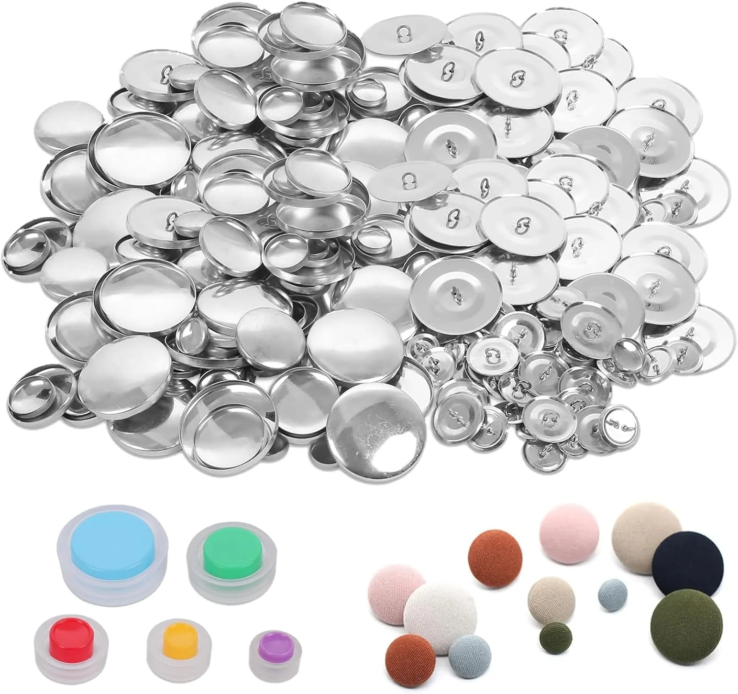 100 عدد دکمه روکش دار خودکار، دکمه های گیره ای با 5 اندازه مختلف دکمه و ابزار، کیت ساخت دکمه روکش پارچه ای برای دوخت و دوز و دکوراسیون منزل