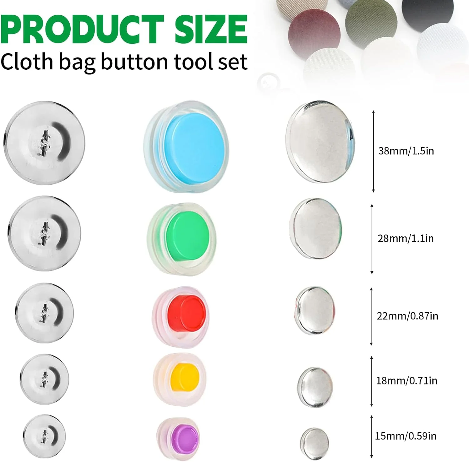 100 عدد دکمه روکش دار خودکار، دکمه های گیره ای با 5 اندازه مختلف دکمه و ابزار، کیت ساخت دکمه روکش پارچه ای برای دوخت و دوز و دکوراسیون منزل