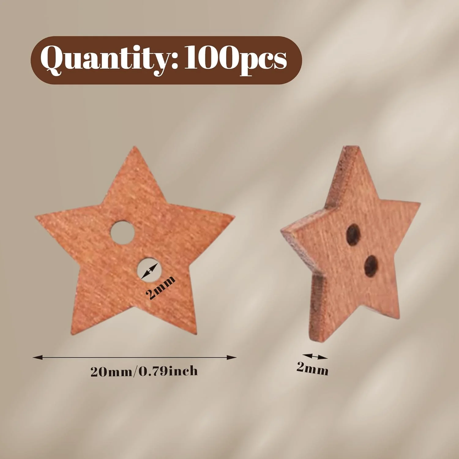 100 عدد دکمه چوبی ستاره ای - مناسب برای لباس و پروژه های هنری: دکمه های کوچک ستاره ای شکل با 2 سوراخ