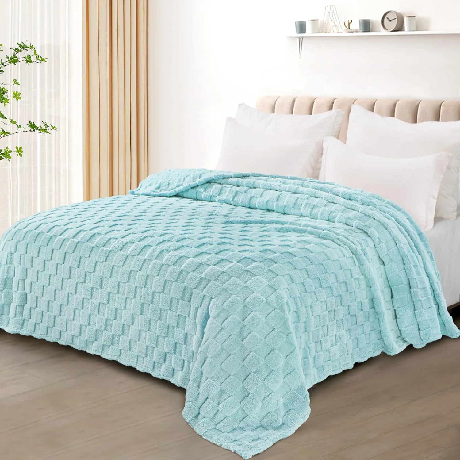 پتوی پشمی فلانل سایز کوئین Exclusivo Mezcla، فوق العاده نرم و گرم، طرح شطرنجی سبک وزن برای تمام فصول، 228x228 سانتی متر، آبی روشن