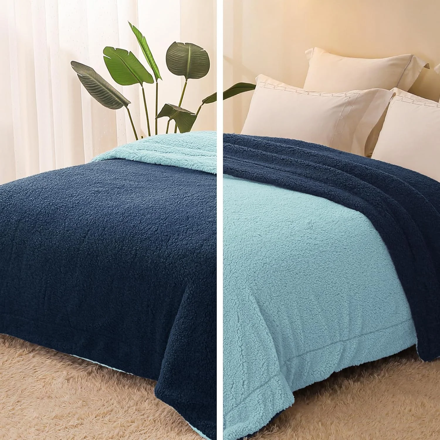 پتوی پشم گوسفند مصنوعی دو طرفه سایز کوئین Exclusivo Mezcla، پتوی ضخیم و گرم برای زمستان، نرم و کرکی برای تخت، 228x228 سانتی متر، سرمه ای/آبی روشن