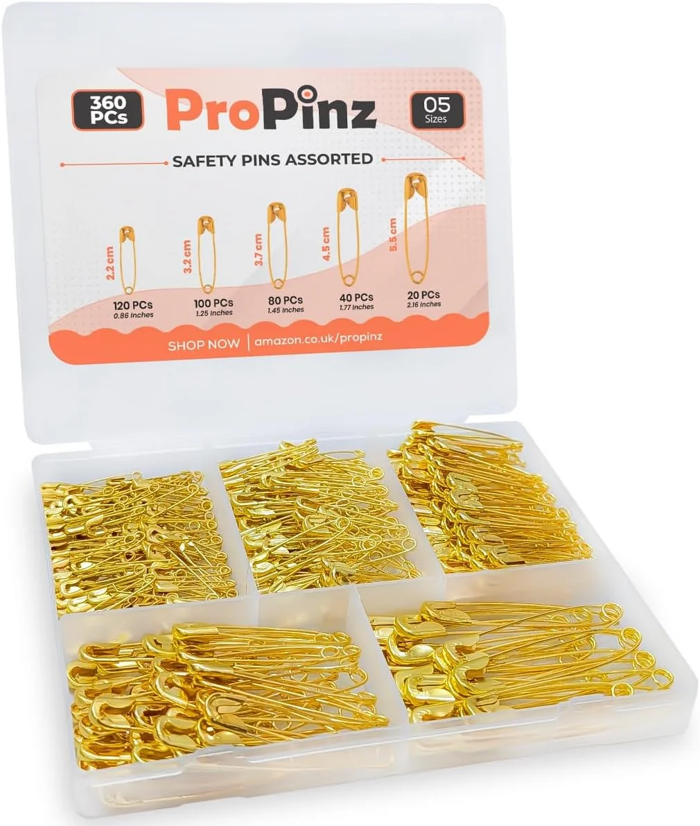 سنجاق قفلی در اندازه های مختلف - فولاد نیکل اندود شده قوی، مقاوم در برابر زنگ زدگی - ایده آل برای هنر و صنایع دستی، DIY، سنجاق زدن، لبه دوزی، خیاطی، دوخت و موارد دیگر (طلایی، بسته 360 عددی-5 سایز)