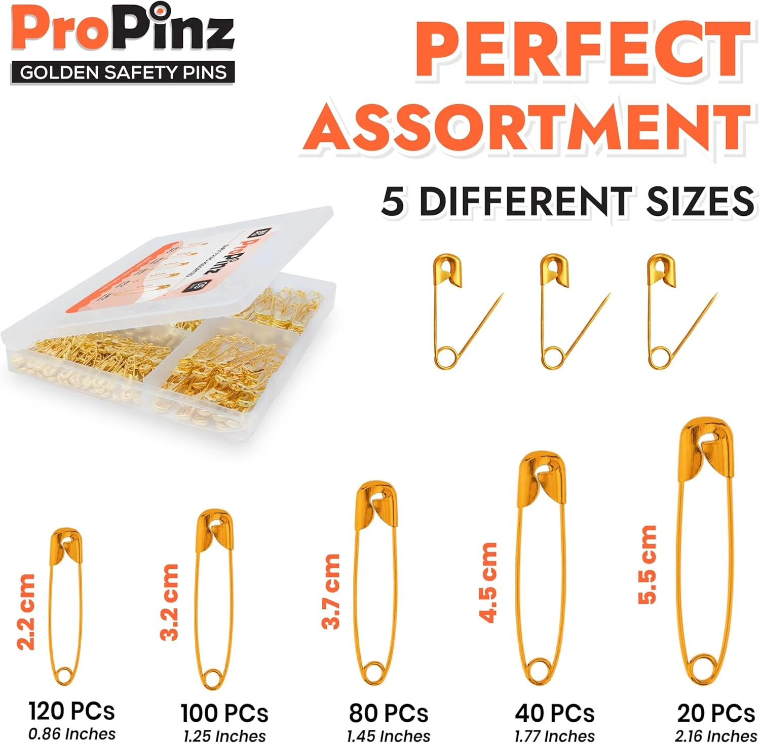 سنجاق قفلی در اندازه های مختلف - فولاد نیکل اندود شده قوی، مقاوم در برابر زنگ زدگی - ایده آل برای هنر و صنایع دستی، DIY، سنجاق زدن، لبه دوزی، خیاطی، دوخت و موارد دیگر (طلایی، بسته 360 عددی-5 سایز)