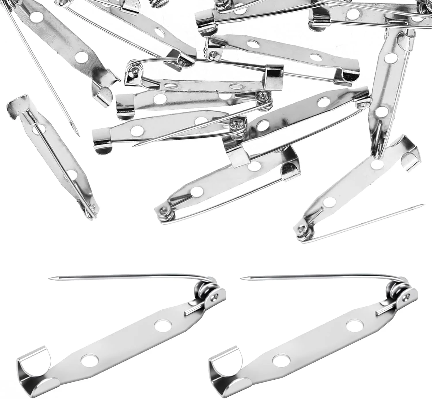 60 PCS Sliver Brooch Pin Back, Safety Double Hole Bar Pins Pin Boutonniere Clasp PinBack Pins Backings Boutonniere Supplies for Men Women Badge Name Tag DIY Jewelry Making Crafts