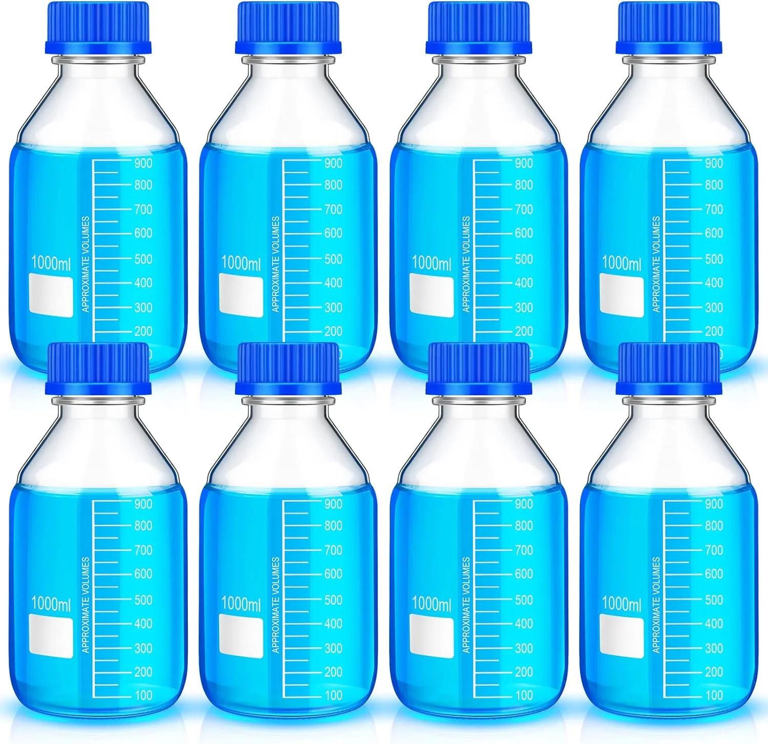 Irenare 8 Pieces Media Storage Bottles Borosilicate Storage Glass Scientific Round Graduated Media Bottle with Blue Gl45 Screw Cap for Lab Water Reagent Liquids(1000 ml)