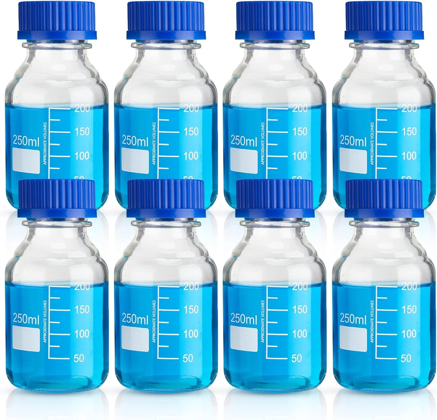 Irenare 8 Pieces Media Storage Bottles Borosilicate Storage Glass Bottle Scientific Round Graduated Media Bottle with Blue GL45 Screw Cap for Lab Water Reagent Liquids (250 ml)