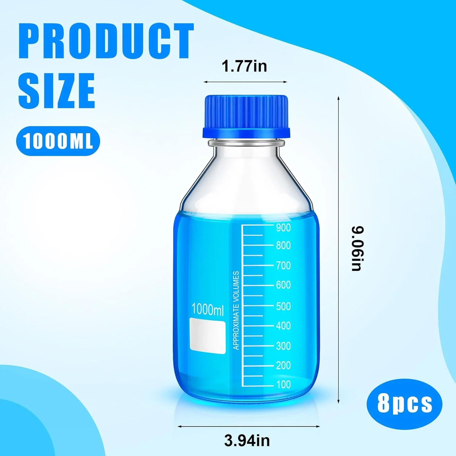 Irenare 8 Pieces Media Storage Bottles Borosilicate Storage Glass Scientific Round Graduated Media Bottle with Blue Gl45 Screw Cap for Lab Water Reagent Liquids(1000 ml) Irenare 8 Pieces Media Storage Bottles Borosilicate Storage Glass Scientific Round Graduated Media Bottle with Blue Gl45 Screw Cap for Lab Water Reagent Liquids(1000 ml)