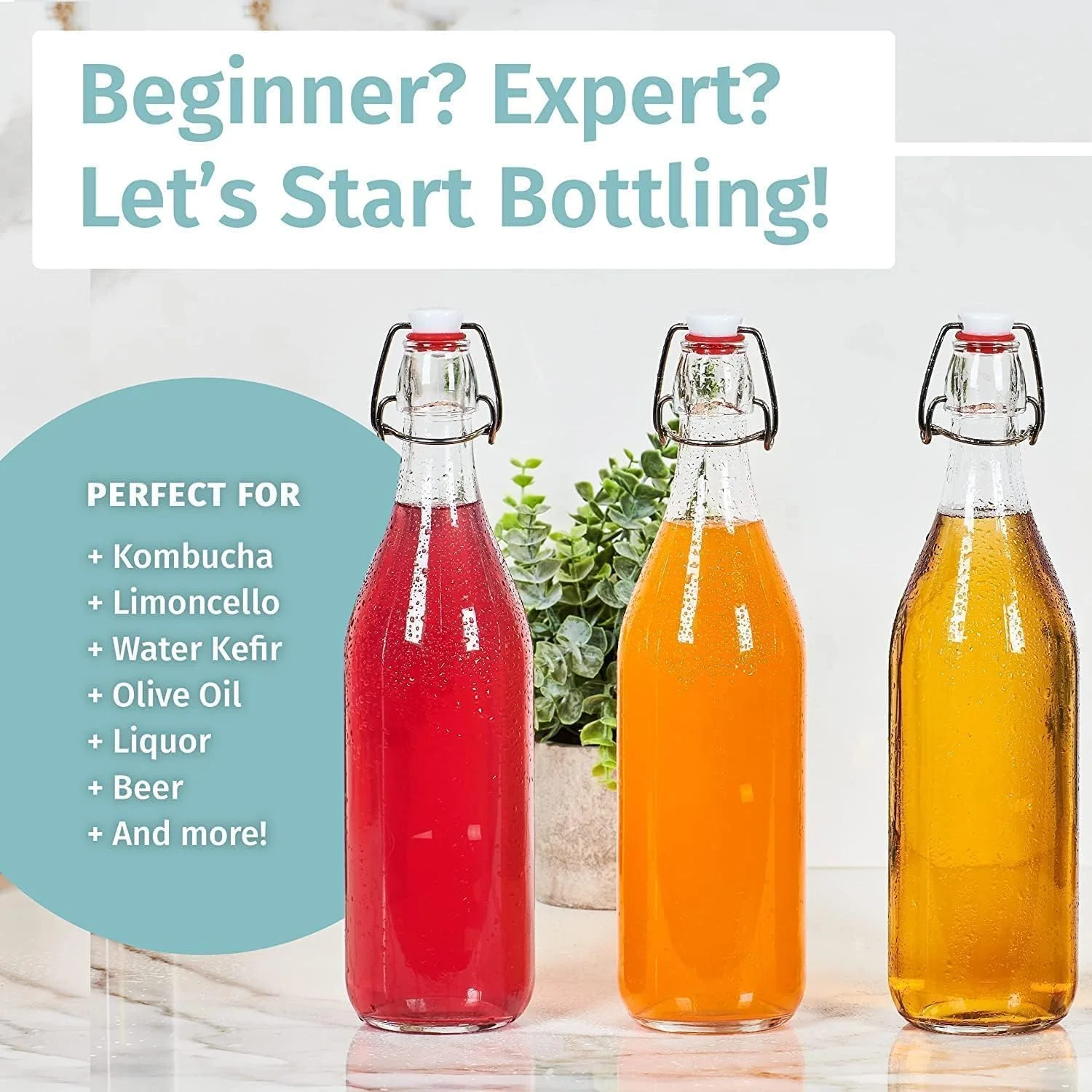 HOOJO® Premium Flip Top Glass Bottles 1L – Pack of 2 Clear Airtight Swing Top with Leakproof Silicone Cap & Cleaning Brush – Reusable Beverage Containers for Water, Oil, Juice, Kombucha, Vinegar