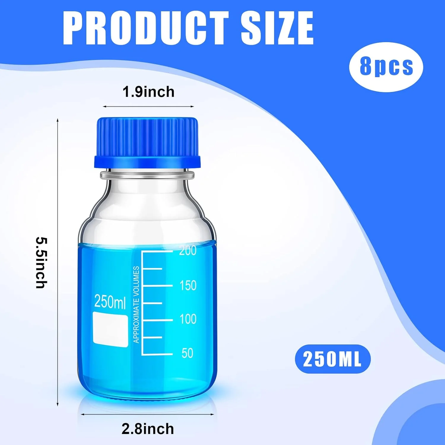 Irenare 8 Pieces Media Storage Bottles Borosilicate Storage Glass Bottle Scientific Round Graduated Media Bottle with Blue GL45 Screw Cap for Lab Water Reagent Liquids (250 ml)