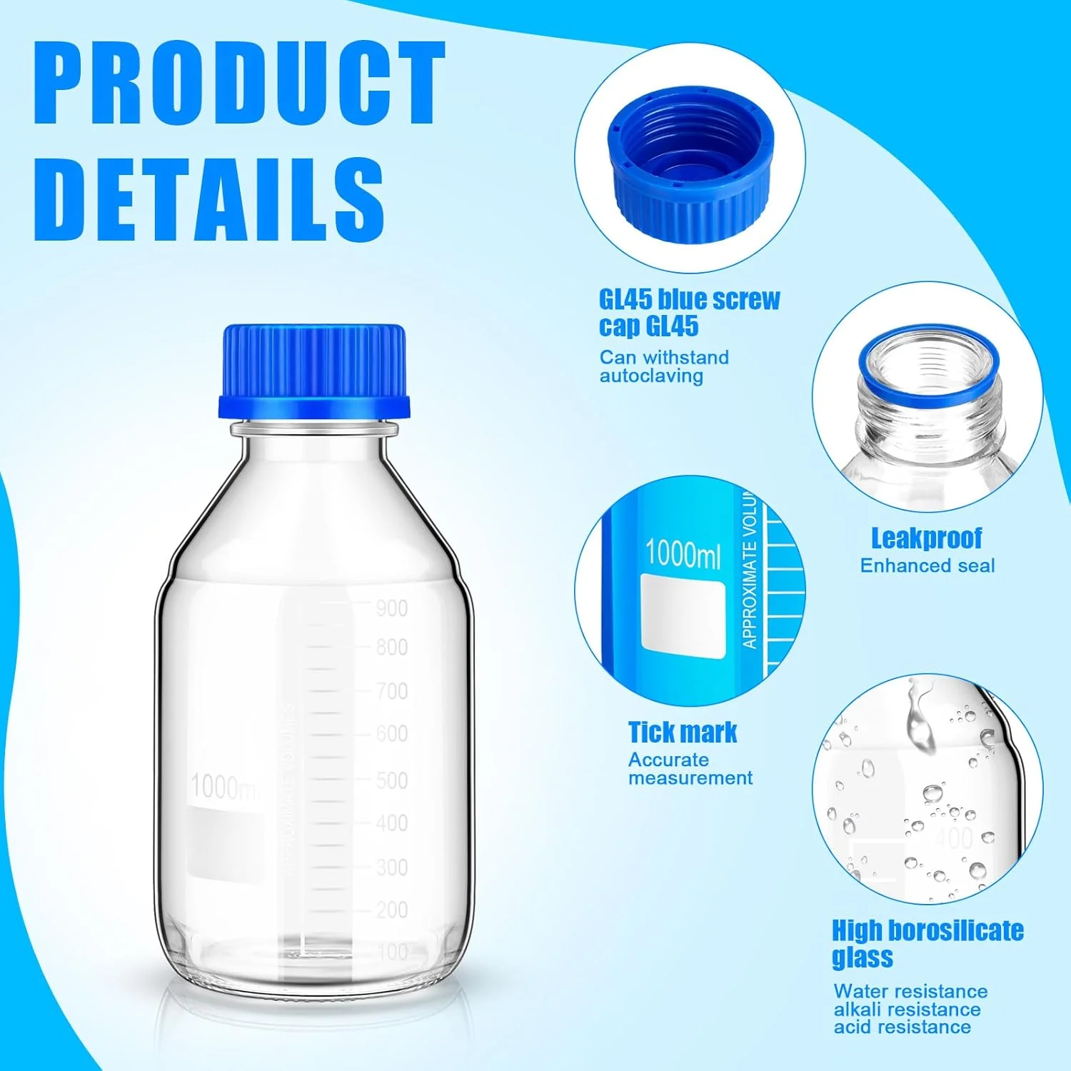 Irenare 8 Pieces Media Storage Bottles Borosilicate Storage Glass Scientific Round Graduated Media Bottle with Blue Gl45 Screw Cap for Lab Water Reagent Liquids(1000 ml) Irenare 8 Pieces Media Storage Bottles Borosilicate Storage Glass Scientific Round Graduated Media Bottle with Blue Gl45 Screw Cap for Lab Water Reagent Liquids(1000 ml)