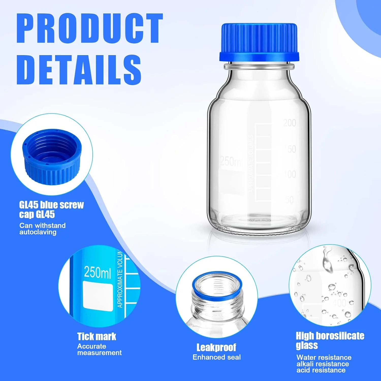 Irenare 8 Pieces Media Storage Bottles Borosilicate Storage Glass Bottle Scientific Round Graduated Media Bottle with Blue GL45 Screw Cap for Lab Water Reagent Liquids (250 ml)
