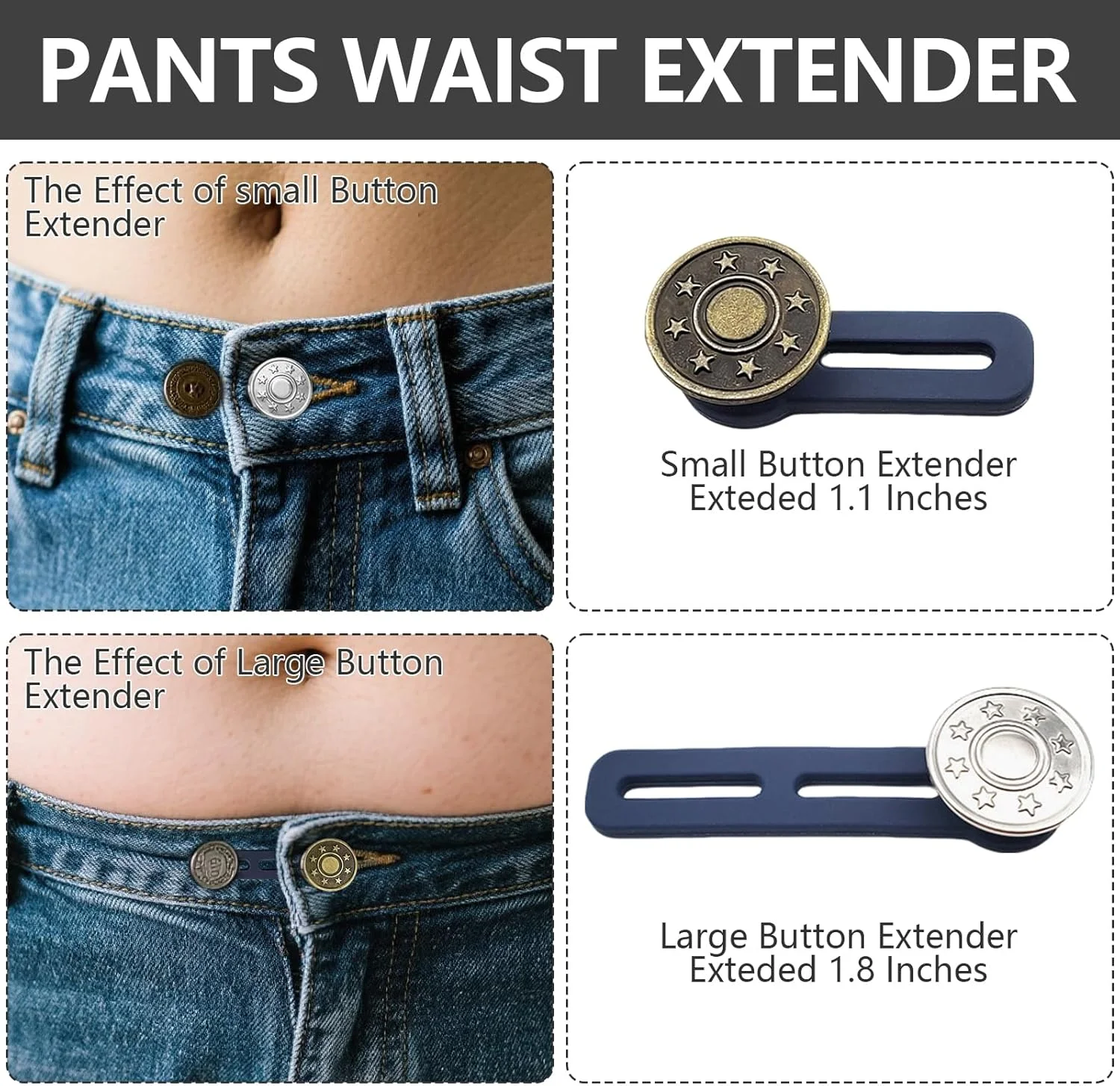 بسته 8 عددی افزایش دهنده دکمه برای شلوار و جین - افزایش دهنده کمر قابل تنظیم، ست افزایش دهنده یقه الاستیک برای مردان و زنان، راه حل فوری افزایش سایز کمر بدون نیاز به دوخت برای دامن و شلوار