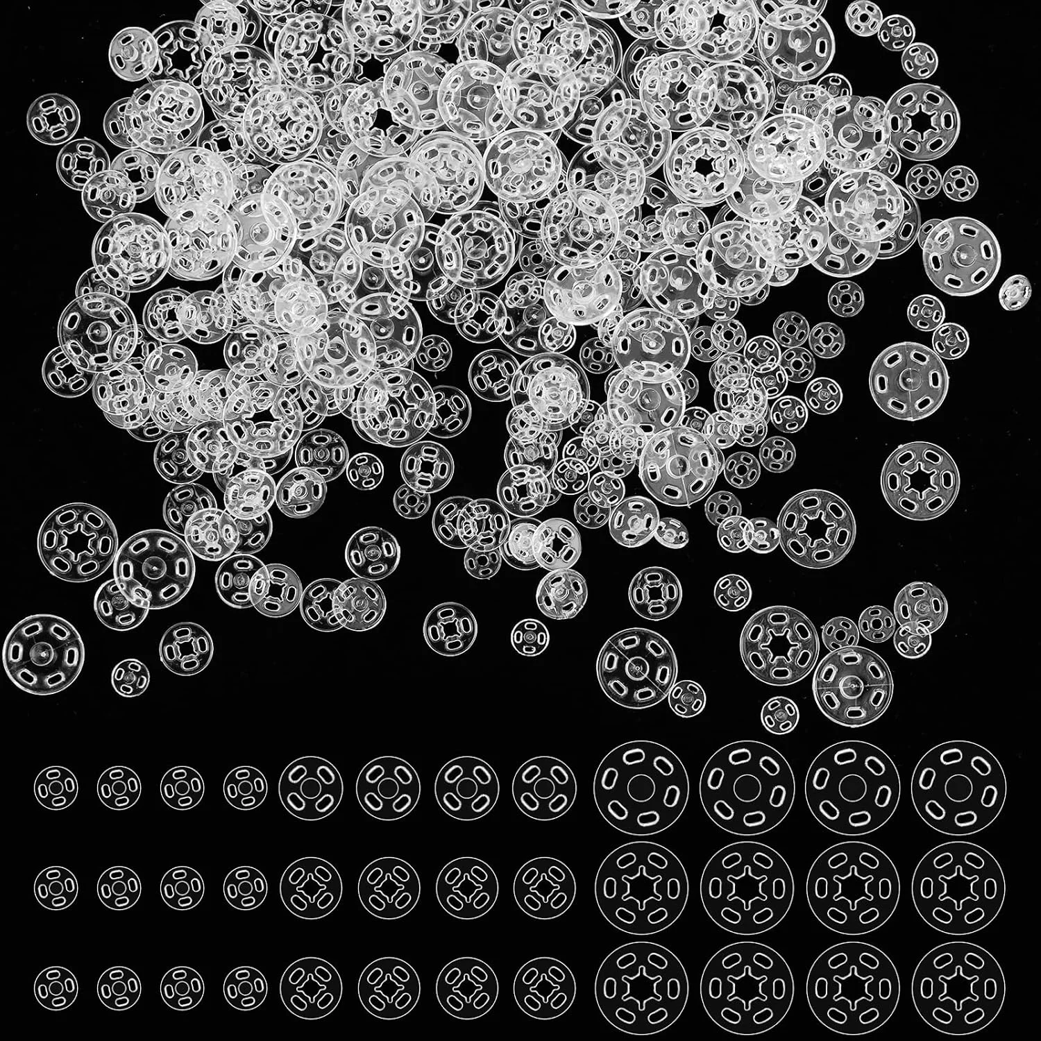 دکمه‌های فشاری پلاستیکی خیاطی Abeillo، 100 ست، دکمه‌های فشاری نامرئی، دکمه‌های گرد شفاف برای دوخت لباس، کاردستی DIY، 7 میلی‌متر، 10 میلی‌متر، 15 میلی‌متر