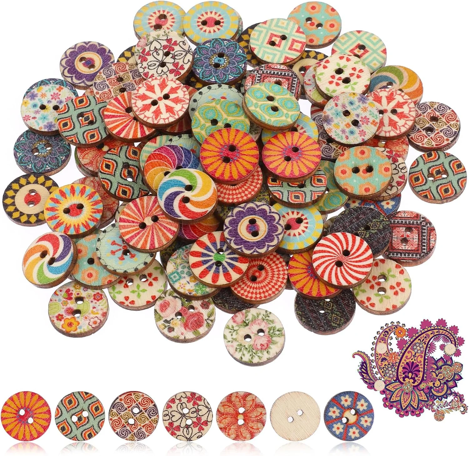 دکمه های چوبی رنگارنگ Abeillo، 100 عدد، دکمه های قدیمی 15 میلی متری، دکمه های چوبی برای کاردستی، دکمه های چوبی رزینی رترو، دکمه برای خیاطی، دکمه های گل چوبی مخلوط برای خیاطی، کاردستی های DIY
