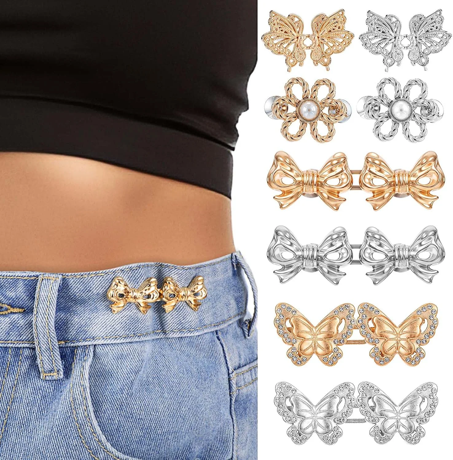 آبئیلو 8 ست دکمه سفت کننده کمر شلوار جین پروانه ای برای شلوار جین گشاد، گیره های قابل تنظیم و جداشدنی کمر شلوار، دکمه بدون دوخت برای دامن شلوار جین زنانه