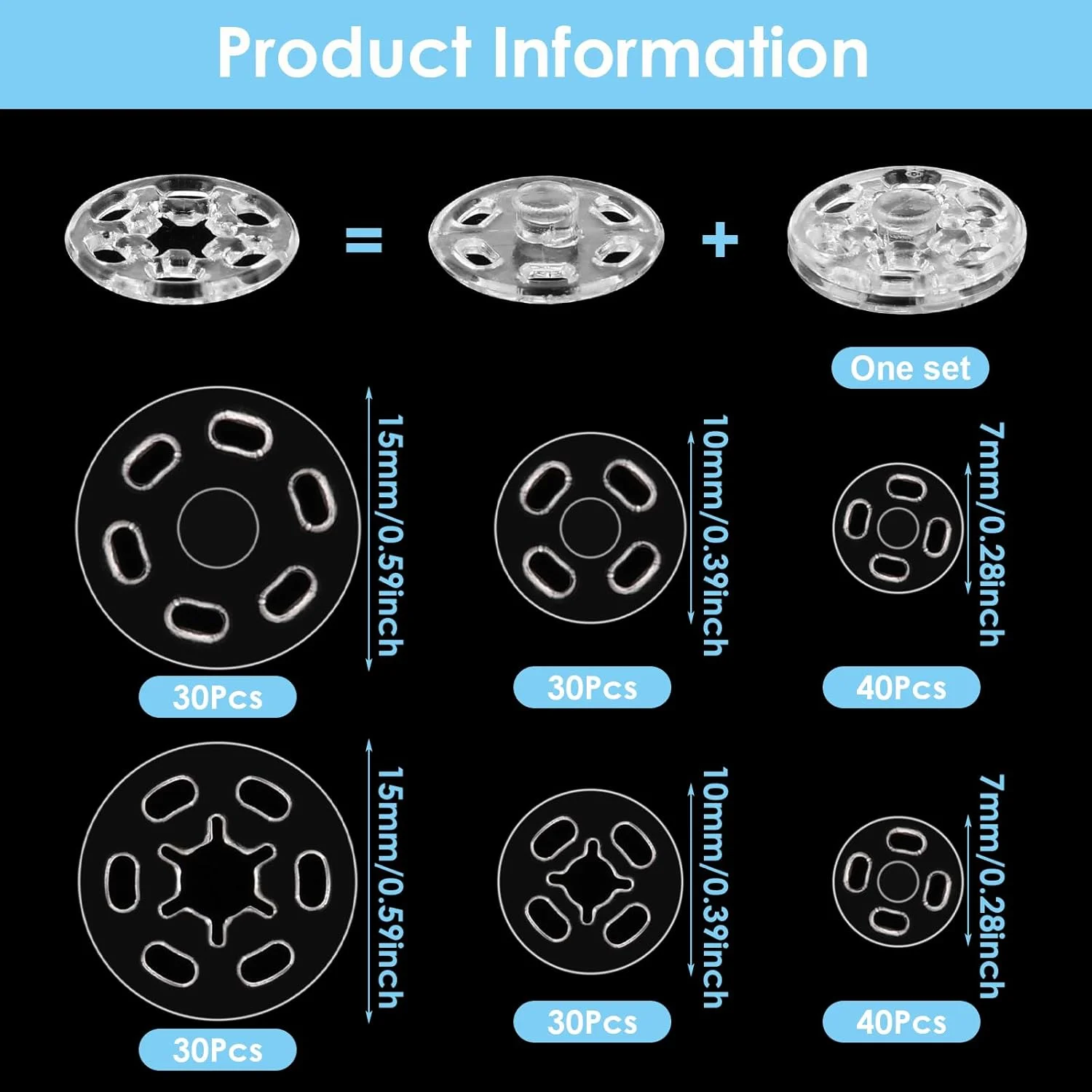 دکمه‌های فشاری پلاستیکی خیاطی Abeillo، 100 ست، دکمه‌های فشاری نامرئی، دکمه‌های گرد شفاف برای دوخت لباس، کاردستی DIY، 7 میلی‌متر، 10 میلی‌متر، 15 میلی‌متر