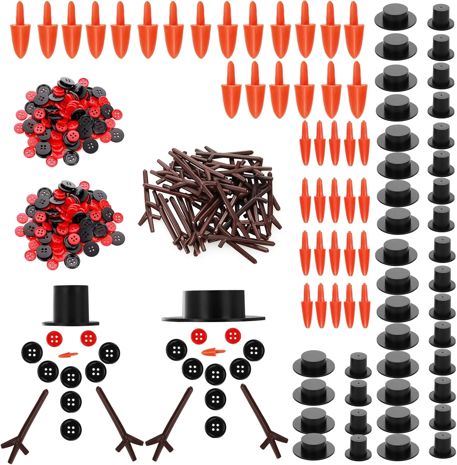 مجموعه 400 عددی آدم برفی کریسمس Abeillo برای کاردستی، 40 عدد بینی هویجی، دکمه، 40 عدد مینی کلاه مشکی و 240 عدد دکمه کوچک و 80 عدد دست سه شاخه ای برای کاردستی های کریسمس، خیاطی و لوازم هدیه کریسمس