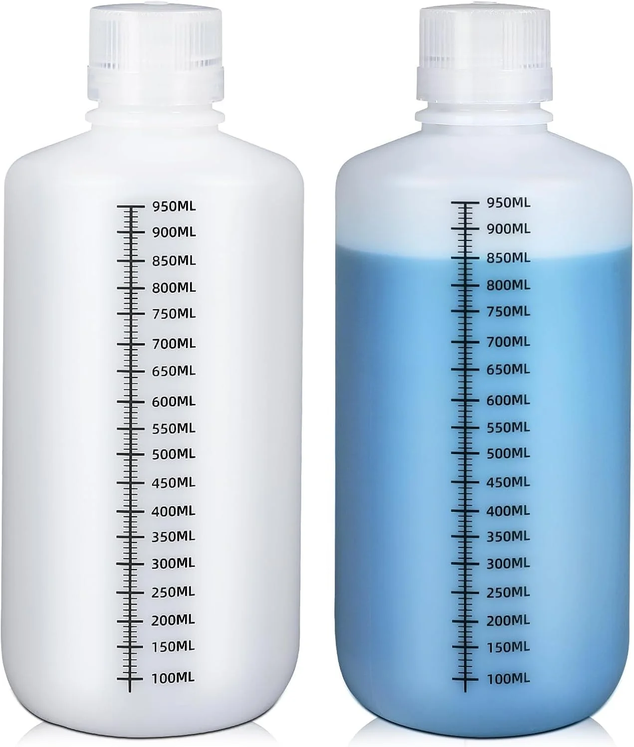 بطری های پلاستیکی دهانه باریک 1000 میلی لیتری/32 اونسی با درب، ظروف مایع مدرج درجه آزمایشگاهی HDPE برای مواد شیمیایی، نمونه ها، دارو و ذخیره آب، شفاف، 2 عدد