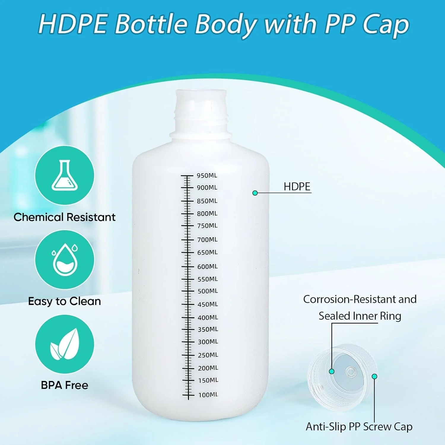 بطری های پلاستیکی دهانه باریک 1000 میلی لیتری/32 اونسی با درب، ظروف مایع مدرج درجه آزمایشگاهی HDPE برای مواد شیمیایی، نمونه ها، دارو و ذخیره آب، شفاف، 2 عدد