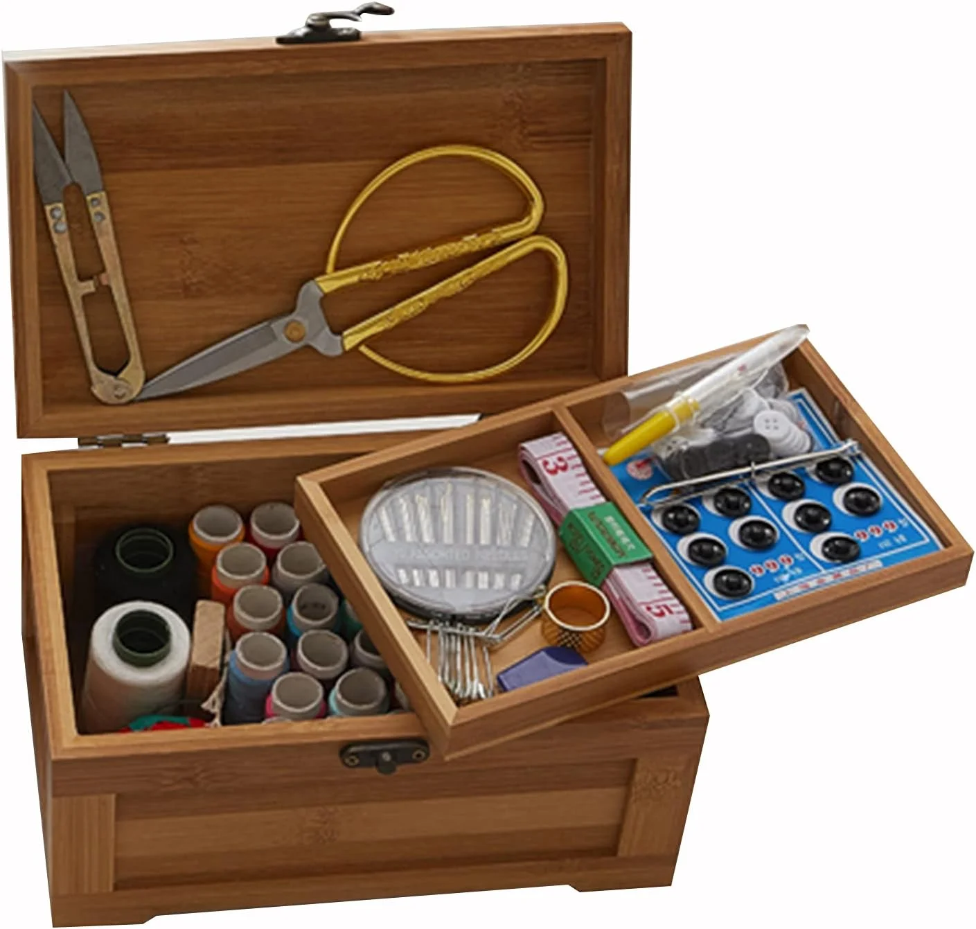 جعبه خیاطی چوبی چند منظوره وینتیج با لوازم جانبی، سبد خیاطی خانگی ساده قابل حمل 20x12.5x11 سانتی متر، گل داوودی B