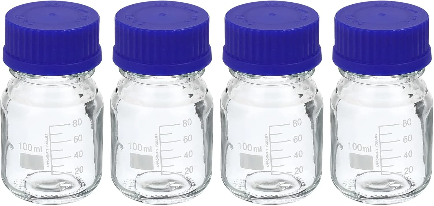بطری رسانه ای معرف PATIKIL، 100 میلی لیتر، 4 عدد بطری شیشه ای مدرج گرد با درب پیچی آبی برای آزمایشگاه های شیمی، دانشگاه ها، خانه، شفاف