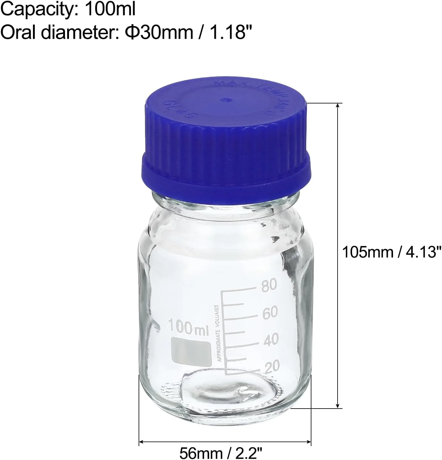 بطری رسانه ای معرف PATIKIL، 100 میلی لیتر، 4 عدد بطری شیشه ای مدرج گرد با درب پیچی آبی برای آزمایشگاه های شیمی، دانشگاه ها، خانه، شفاف