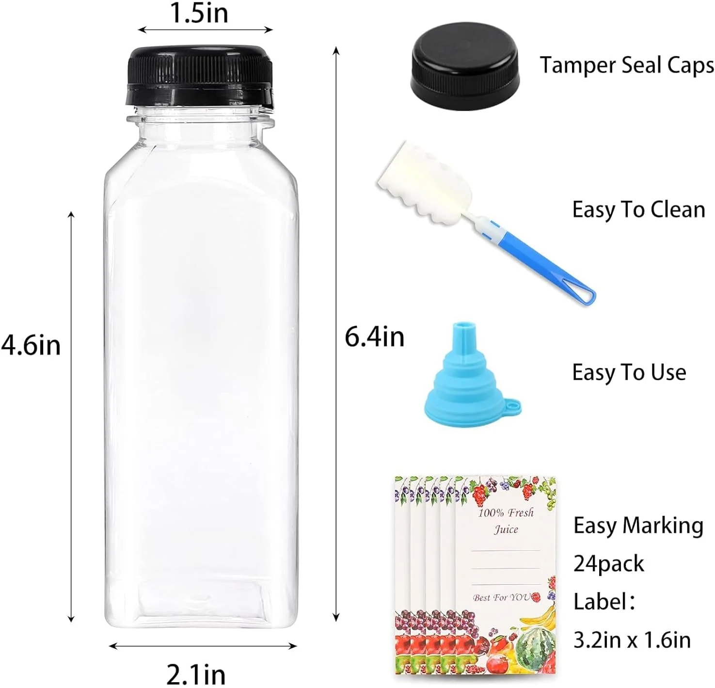 بطری های آبمیوه پلاستیکی خالی Premify، 20 عددی، 350 میلی لیتر، بطری های آب/شیر/آب قابل استفاده مجدد برای کودکان، ظروف نوشیدنی شفاف عمده با درب، برچسب، قیف و برس برای آبمیوه گیری، شیر، اسموتی