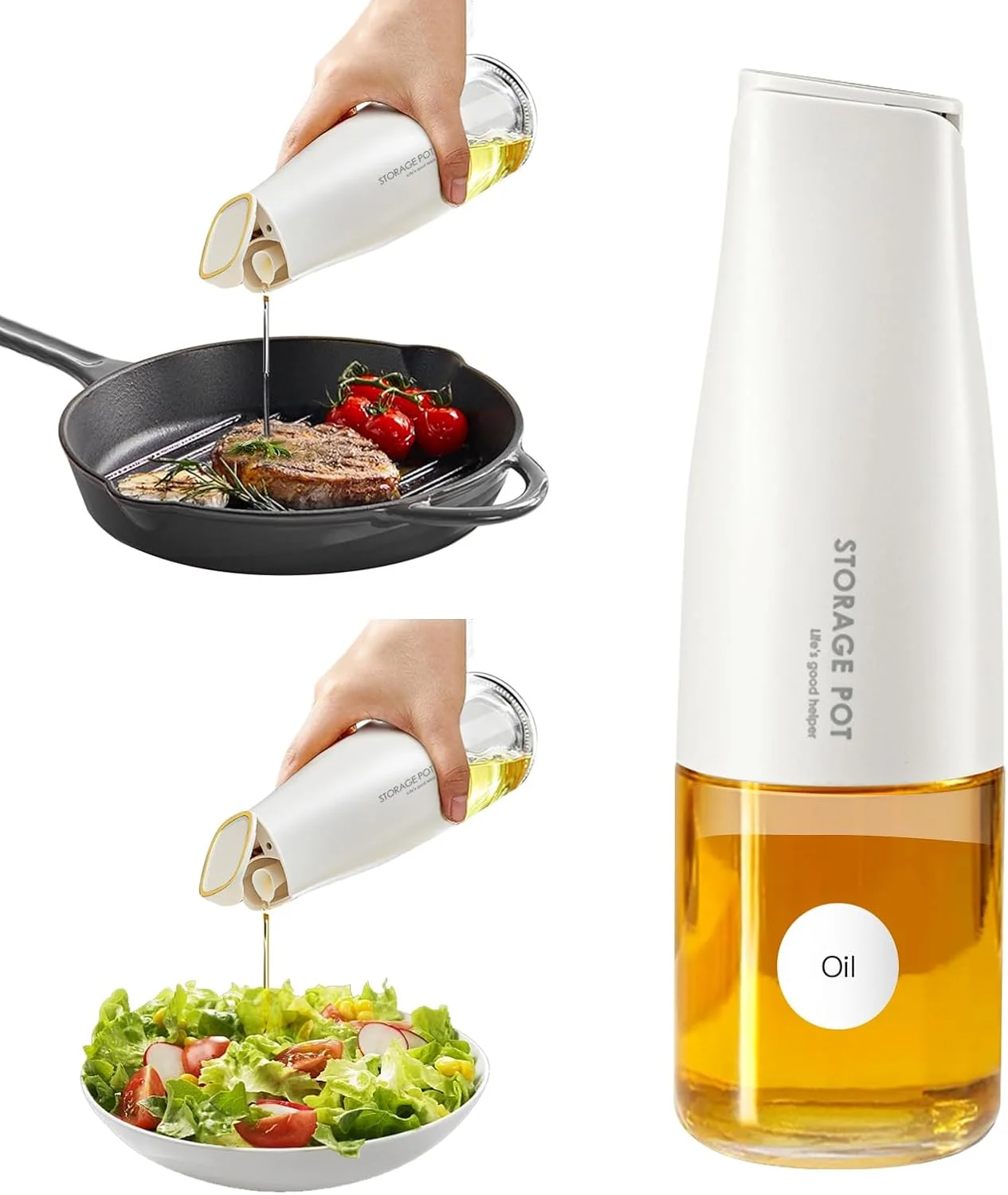 بطری روغن زیتون درب اتوماتیک YARRAMATE مناسب آشپزخانه - 500 میلی لیتر / 17 اونس، ظرف روغن و سرکه شیشه ای زیبا با دهانه، ظرف روغن، ظرف سس سویا (سفید کرمی)، برچسب