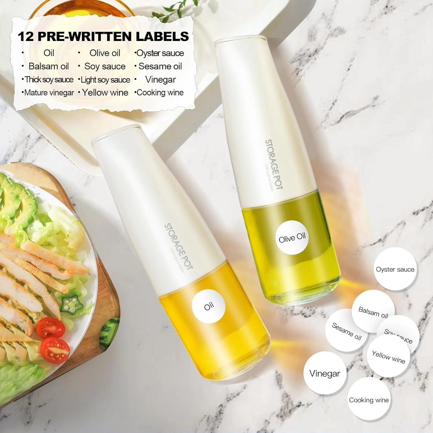 بطری روغن زیتون درب اتوماتیک YARRAMATE مناسب آشپزخانه - 500 میلی لیتر / 17 اونس، ظرف روغن و سرکه شیشه ای زیبا با دهانه، ظرف روغن، ظرف سس سویا (سفید کرمی)، برچسب