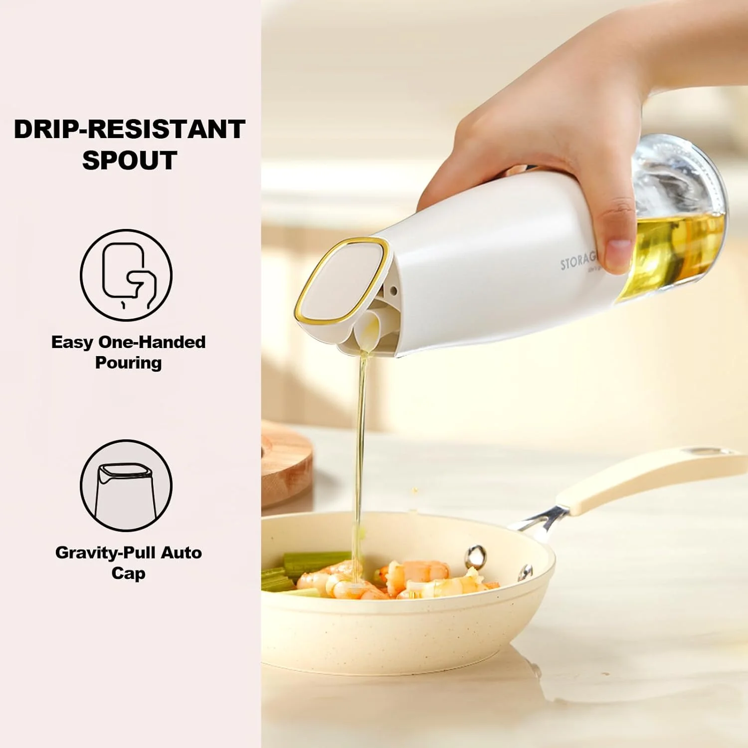 بطری روغن زیتون درب اتوماتیک YARRAMATE مناسب آشپزخانه - 500 میلی لیتر / 17 اونس، ظرف روغن و سرکه شیشه ای زیبا با دهانه، ظرف روغن، ظرف سس سویا (سفید کرمی)، برچسب